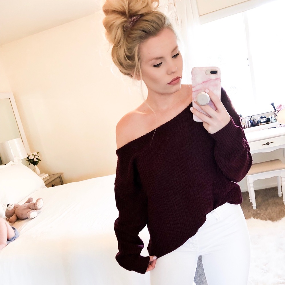 Burgundy Off The Shoulder Knit Sweater